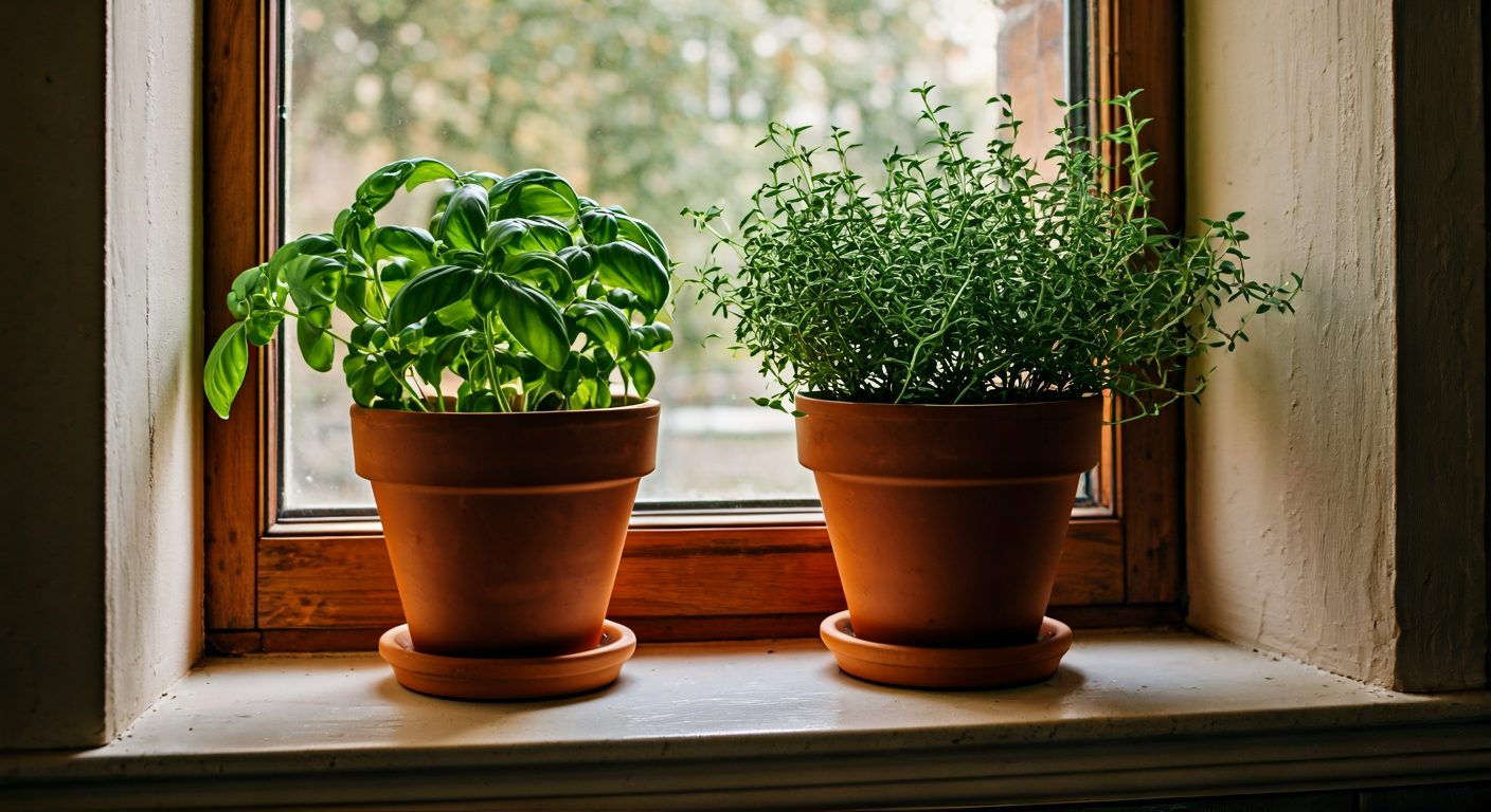 a window herb garden on a kitchen sill, basil rosemary thyme in terracotta pots, soft natural light
