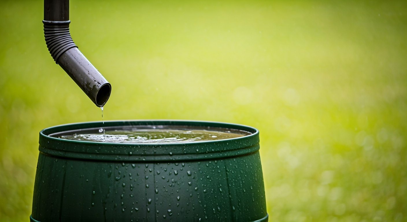 rain barrel under a downspout in a green leafy backyard, drops on the surface, summer light