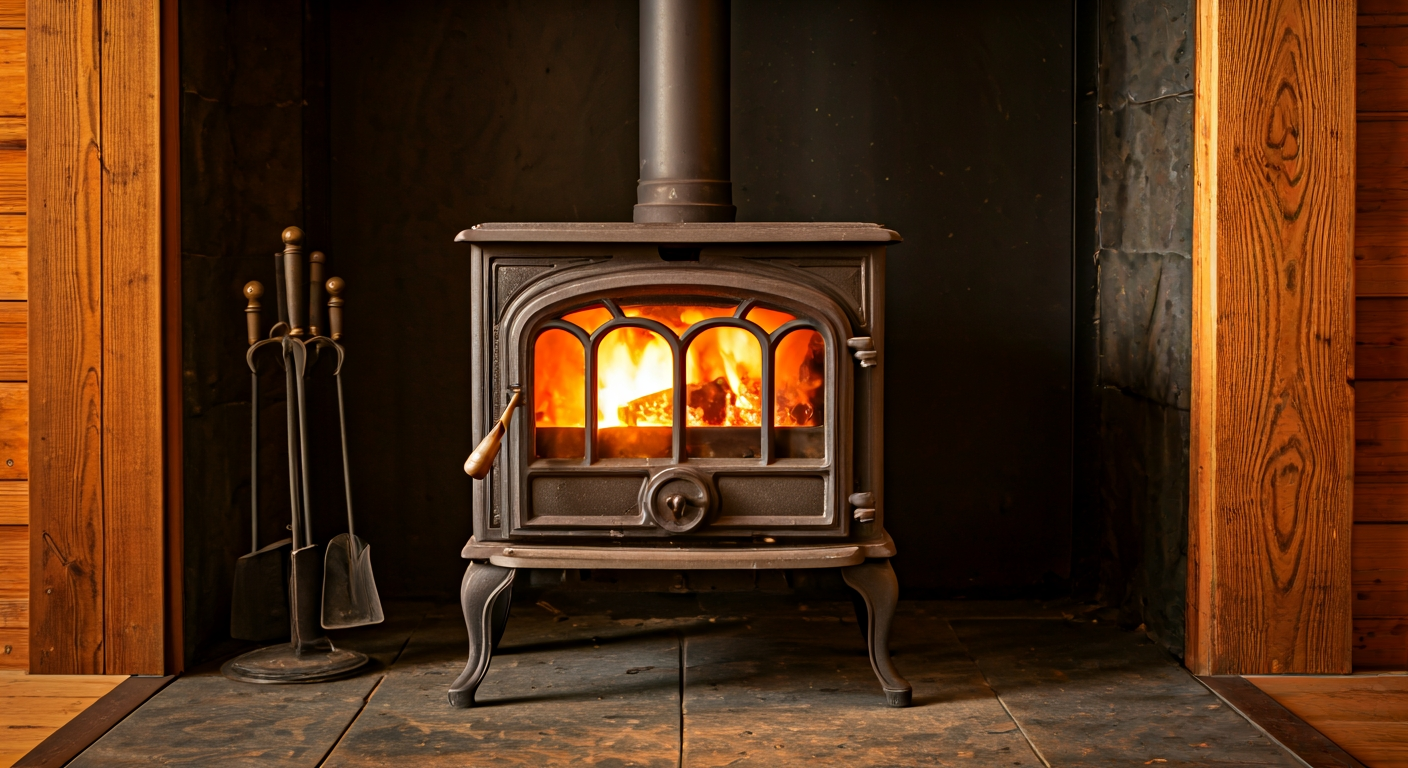 a cast-iron wood stove glowing in a cozy farmhouse living room, autumn evening, warm amber light